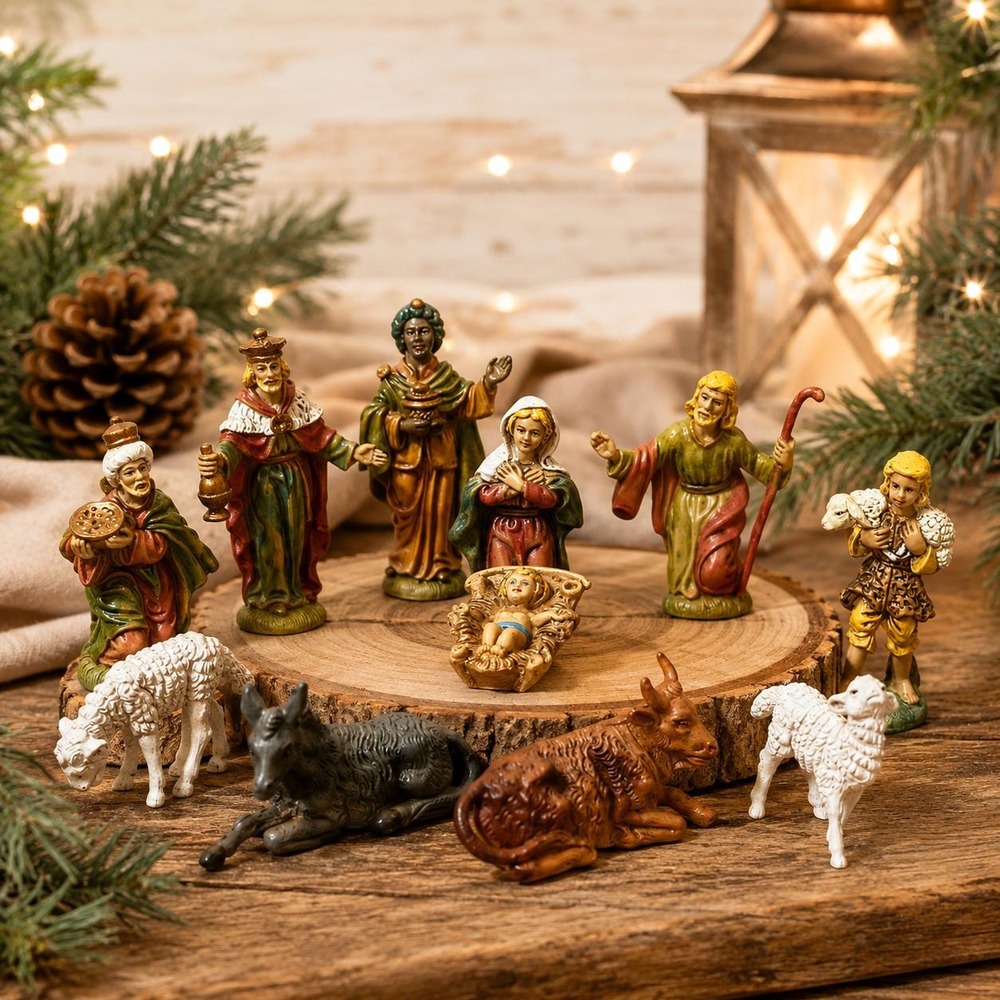 VTG Miniature Hand Painted Nativity Set 11 Pieces Christmas Creche Holy Family